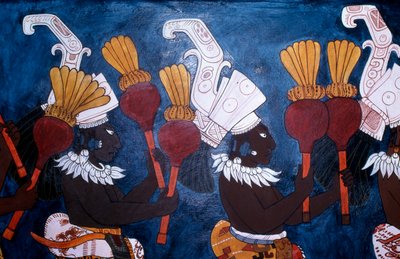 Reproduction of a mural showing musicians with rattles during a ceremony, from the Temple of Murals, Bonampak by Mayan